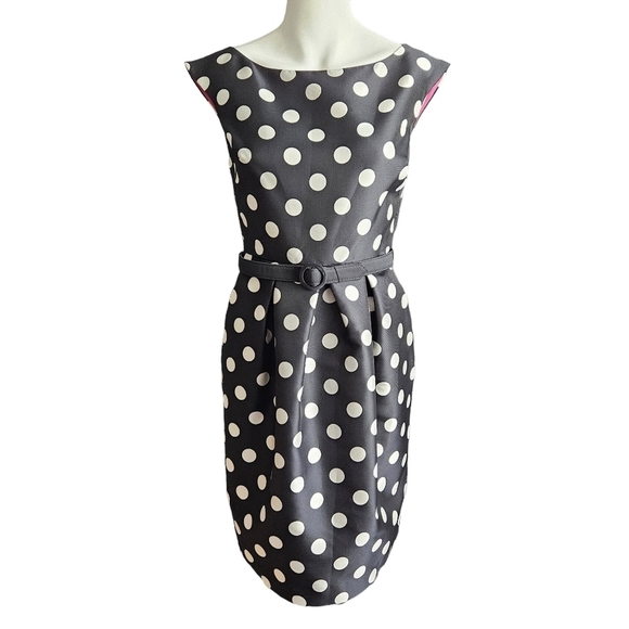 Eliza J Dress Black & White Polka Dot Lined Belted Cocktail Midi Women’s Size 4 - Picture 1 of 13